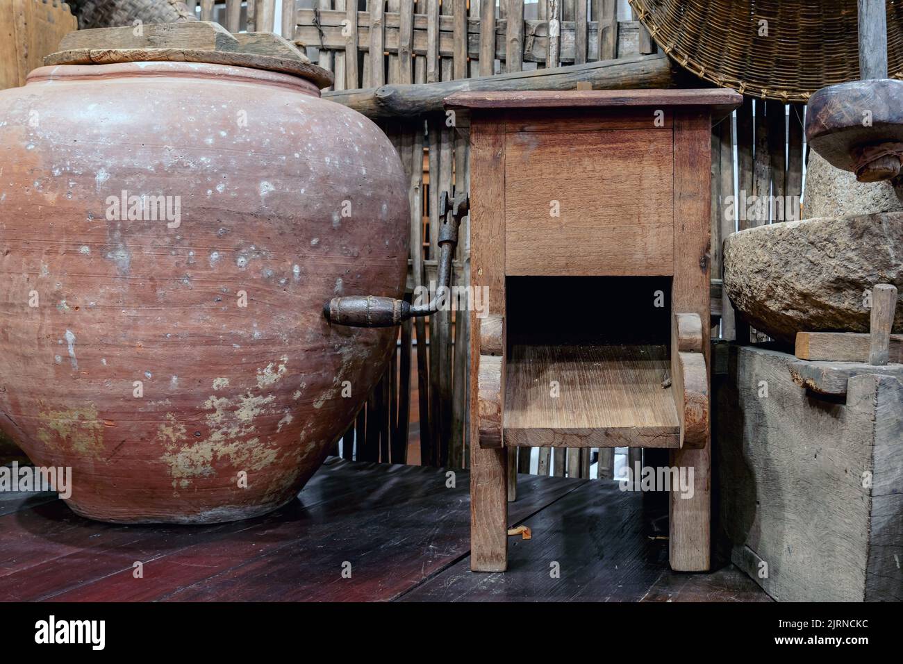 Variety and types of utensils for simple cooking of Asian families in