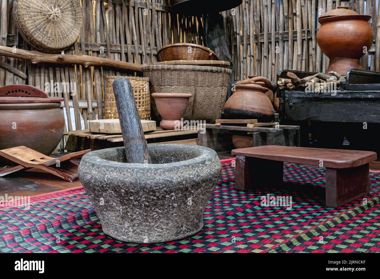Variety and types of utensils for simple cooking of Asian families in the past. Traditional Asia
