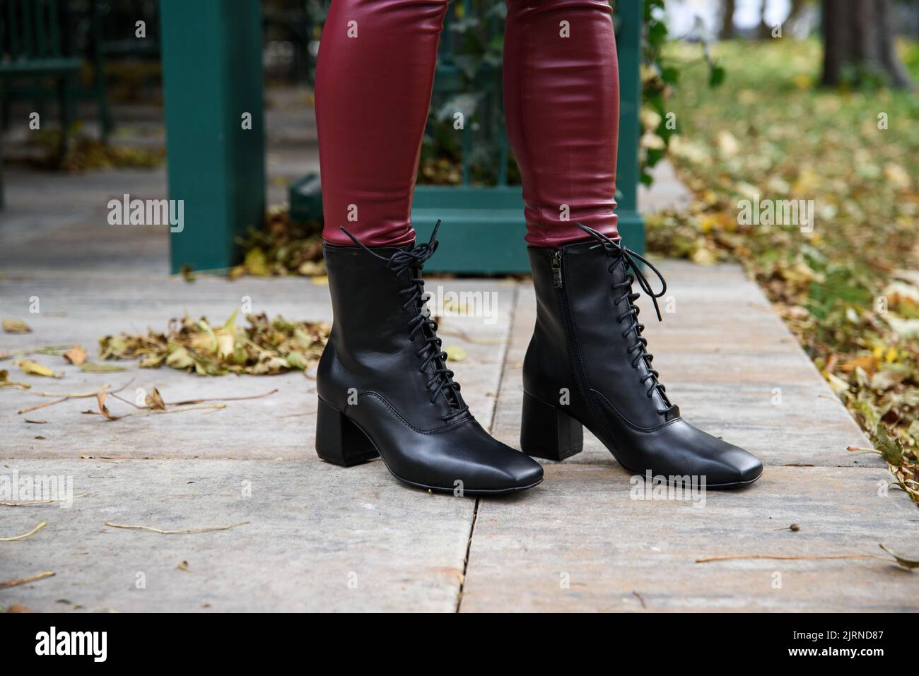 Amaze low lace up square toe block heel ankle black leather boots. top