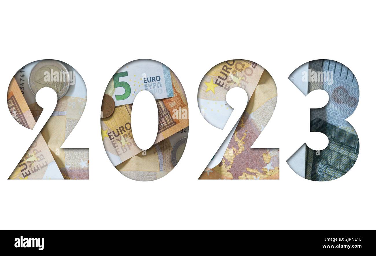 Year 2023 with the texture of Euros, European money, Business concept Stock Photo
