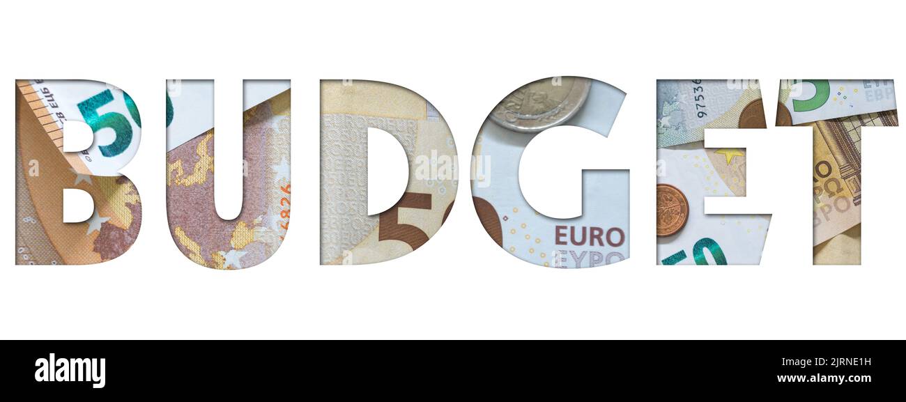 Word BUDGET with the texture of Euros, European money, Business, Financial concept Stock Photo