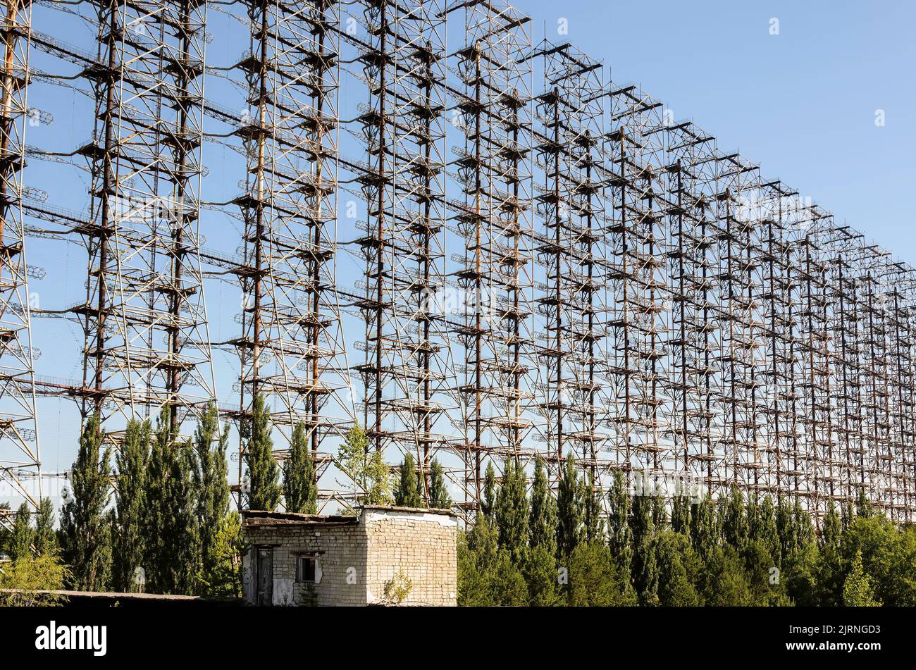 Secret Over-the-Horizont (OTH) Duga radar infrastructure that was used by USSR in order to detect ballistic missiles. Chernobyl Exclusion Zone, Ukraine Stock Photo