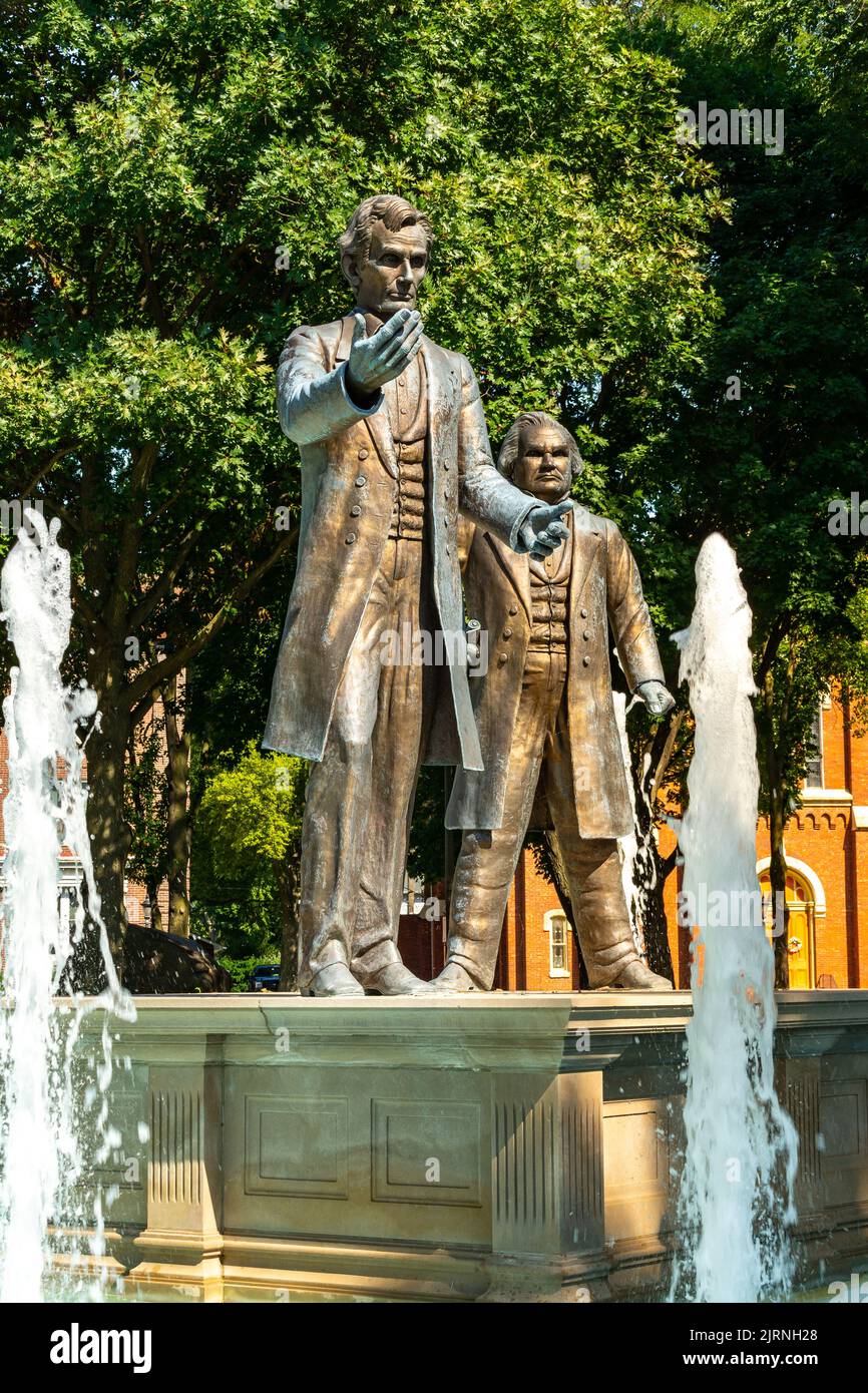 Ottawa, Illinois, USA August 16th 2022 Statue and water fountain on