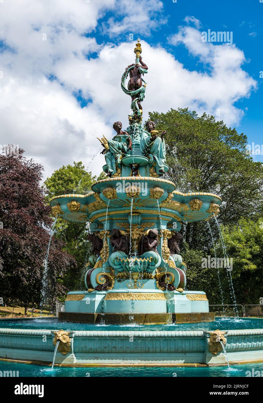 Ornate Victorian cast iron fountain with water spouts, Princes Street Garden, Edinburgh, Scotland, UK Stock Photo
