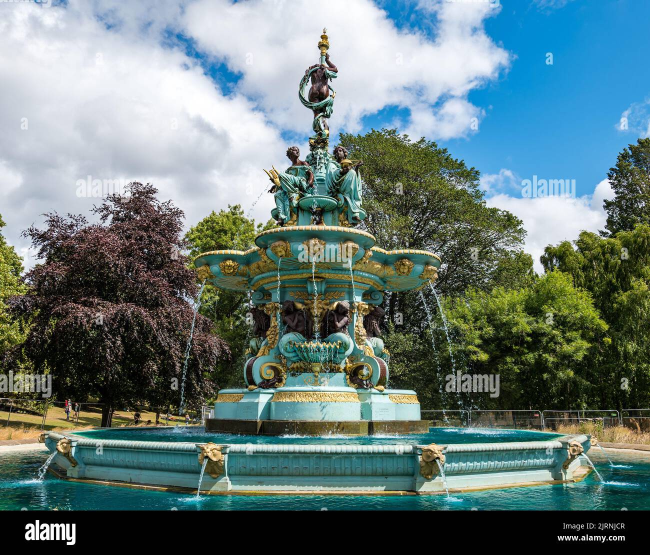 Ornate Victorian cast iron fountain with water spouts, Princes Street Garden, Edinburgh, Scotland, UK Stock Photo
