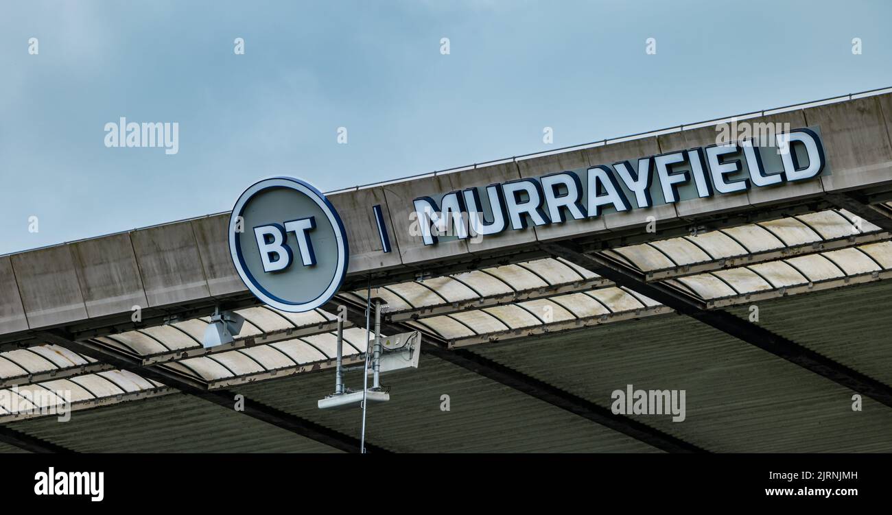 BT Murrayfield Rugby Ground Stadium company logo on seating stand, Edinburgh, Scotland, UK Stock Photo