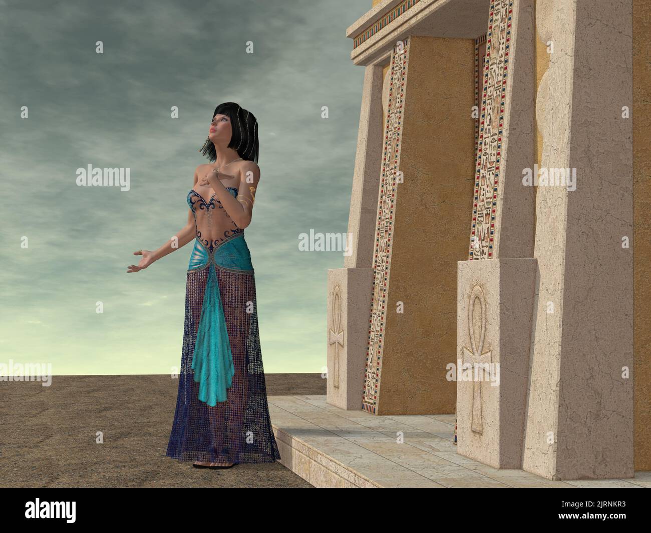 Egyptian Fantasy - An Egyptian lady gowned in a beautiful dress employs the help of the Gods of Egypt to help her. Stock Photo