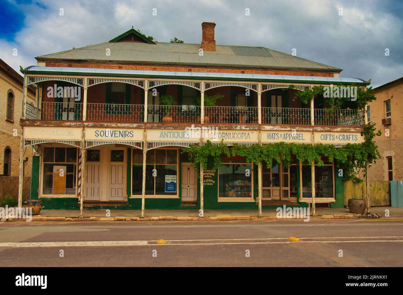 Typically Australian Victorian building with small shops and a roofed balcony on the second floor in the town of Quorn, South Australia Stock Photo