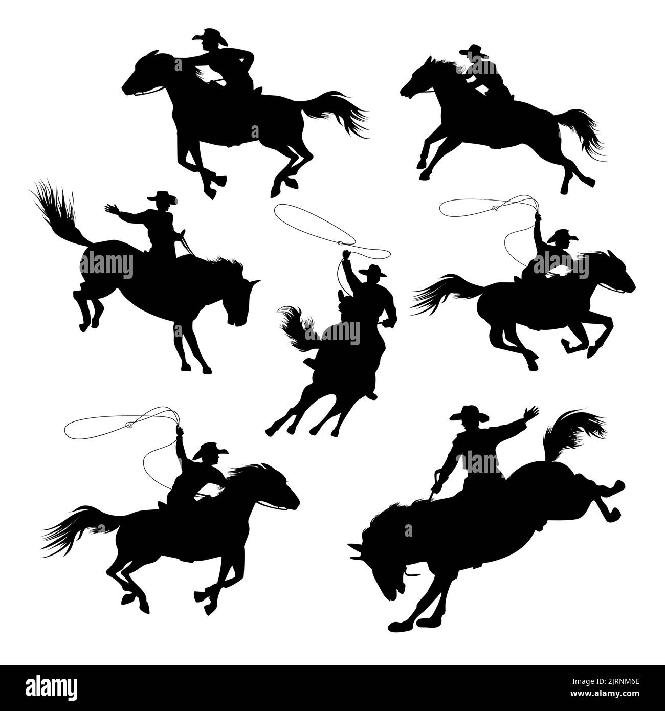Cowboy riding a horse. Rider skill. Silhouettes of a cowboy with a horse. Man and horse. Stock Vector
