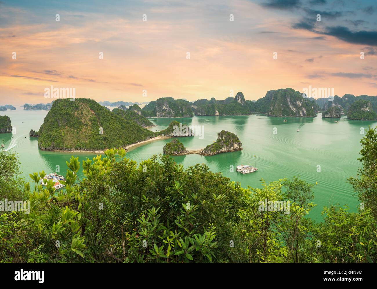 Dramatic sunrise view on Titop hill. One of the most popular destinations in Vietnam travel. Southeast Asia. UNESCO World Heritage List. Ha Long Bay, Stock Photo