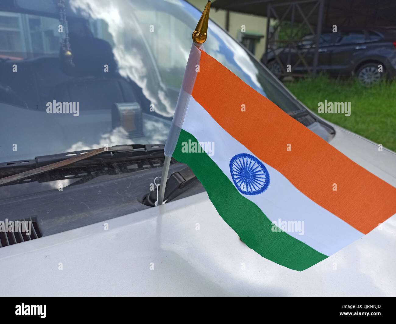 Indian Flag fixed on a car  windshield wipers Stock Photo