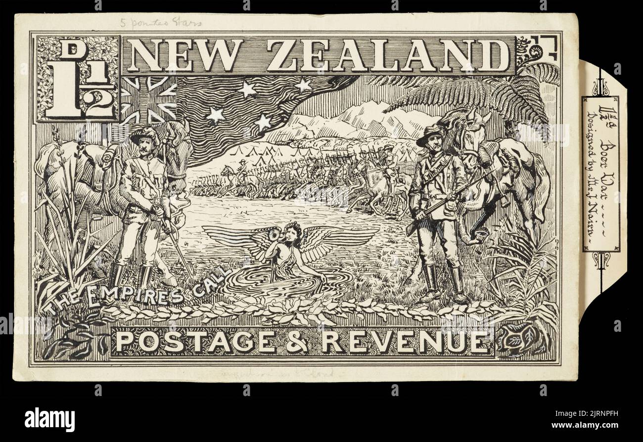 Original artwork [ink] for one and a half penny 'Empire's Call' stamp., 1900, New Zealand, by James Nairn. The New Zealand Post Museum Collection, Gift of New Zealand Post Ltd., 1992. Stock Photo