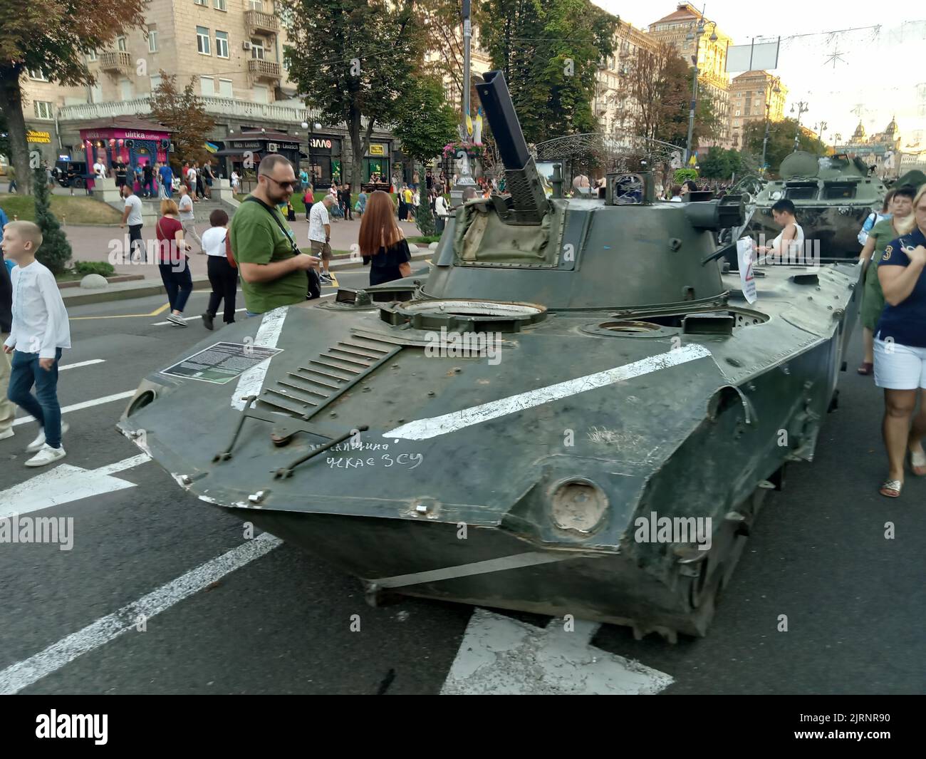 Destroyed military vehicle exhibition on Khreschatyk street on August 24, 2022 during Independence Day in Kiev, Ukraine. Visitors reviewed the broken and burned modern Russian armored cars, tanks etc. Stock Photo