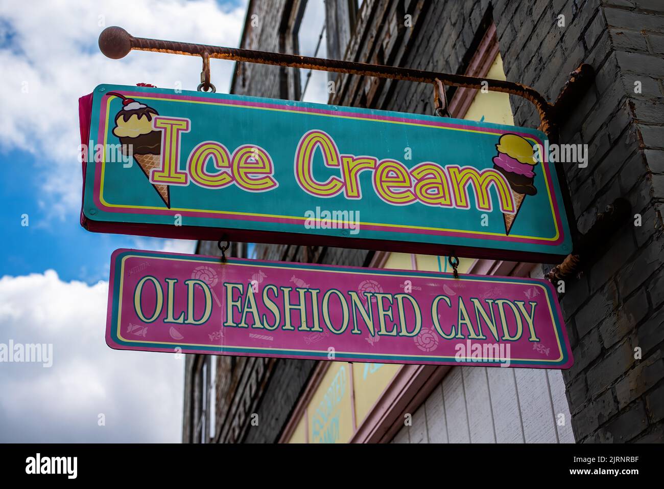 Ice Cream and Old fashioned Candy signs from the Valley Sweets in St. Croix Falls, Wisconsin USA. Stock Photo