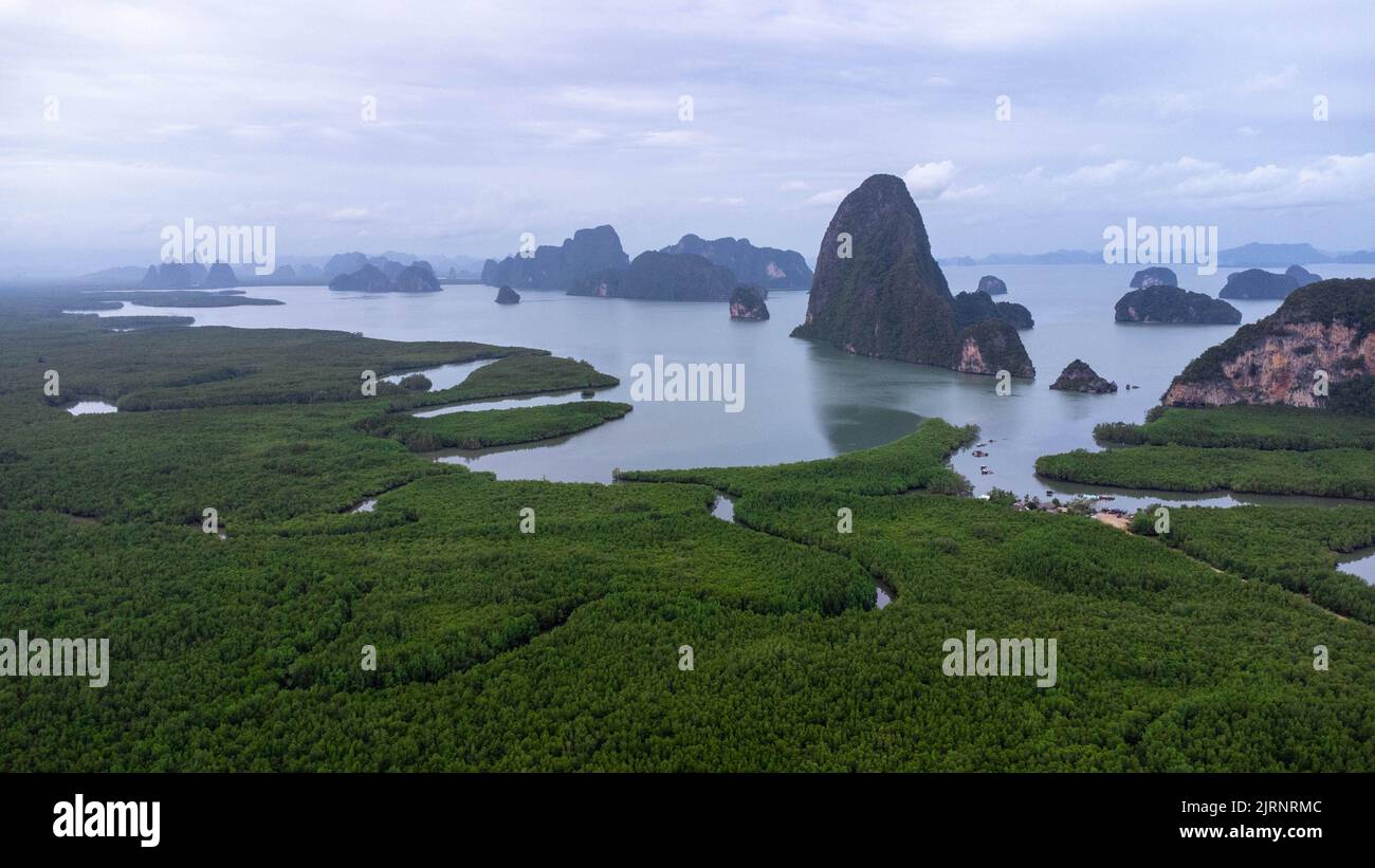 Aerial view of Samet Nangshe and mangrove forest at sunset in Phang Nga Bay in the Andaman Sea, Thailand. Travel and holidays vacation concept. Beauti Stock Photo
