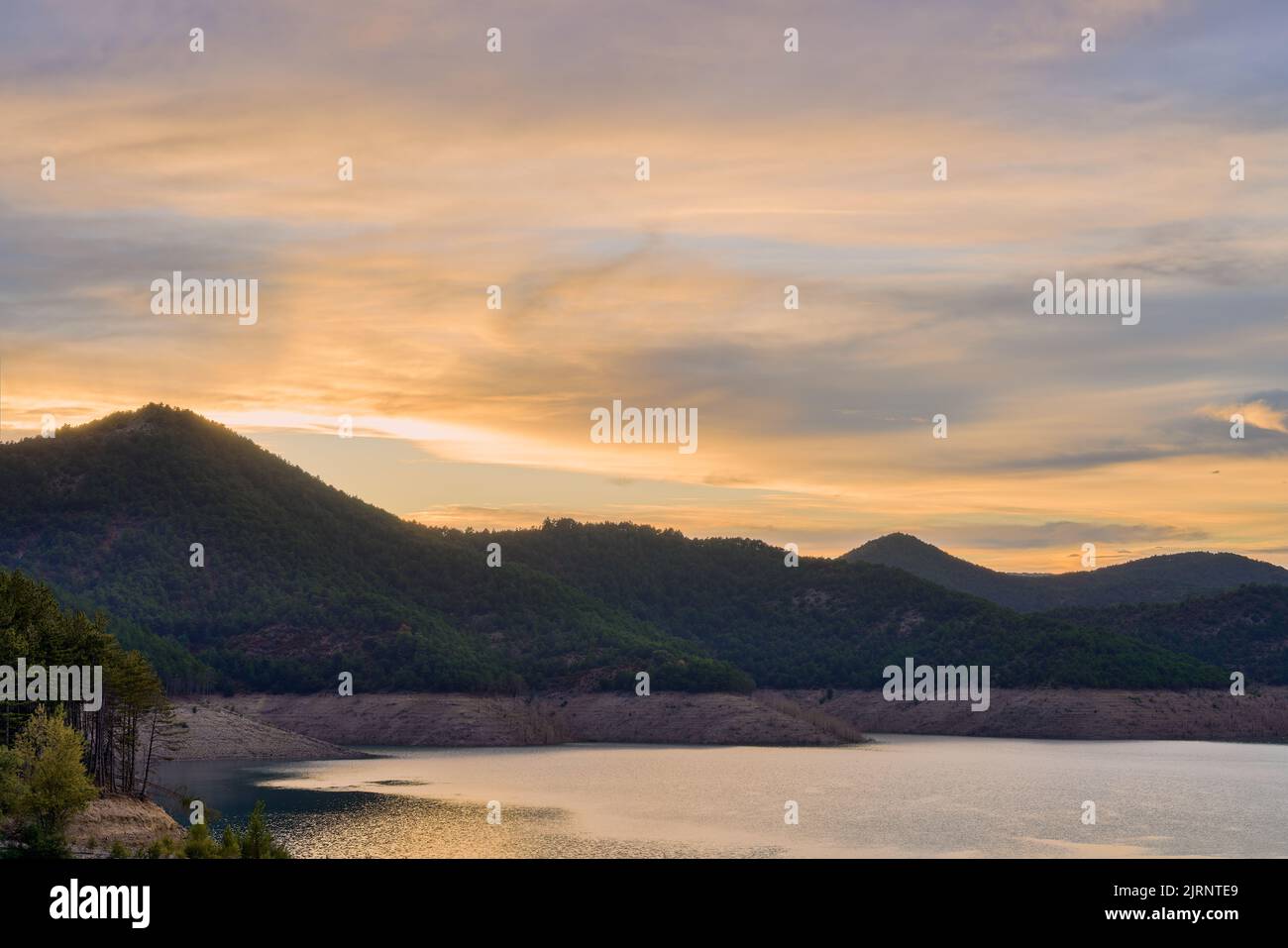 View of the Itoiz reservoir in Navarra, very empty due to the summer drought. High quality photo Stock Photo