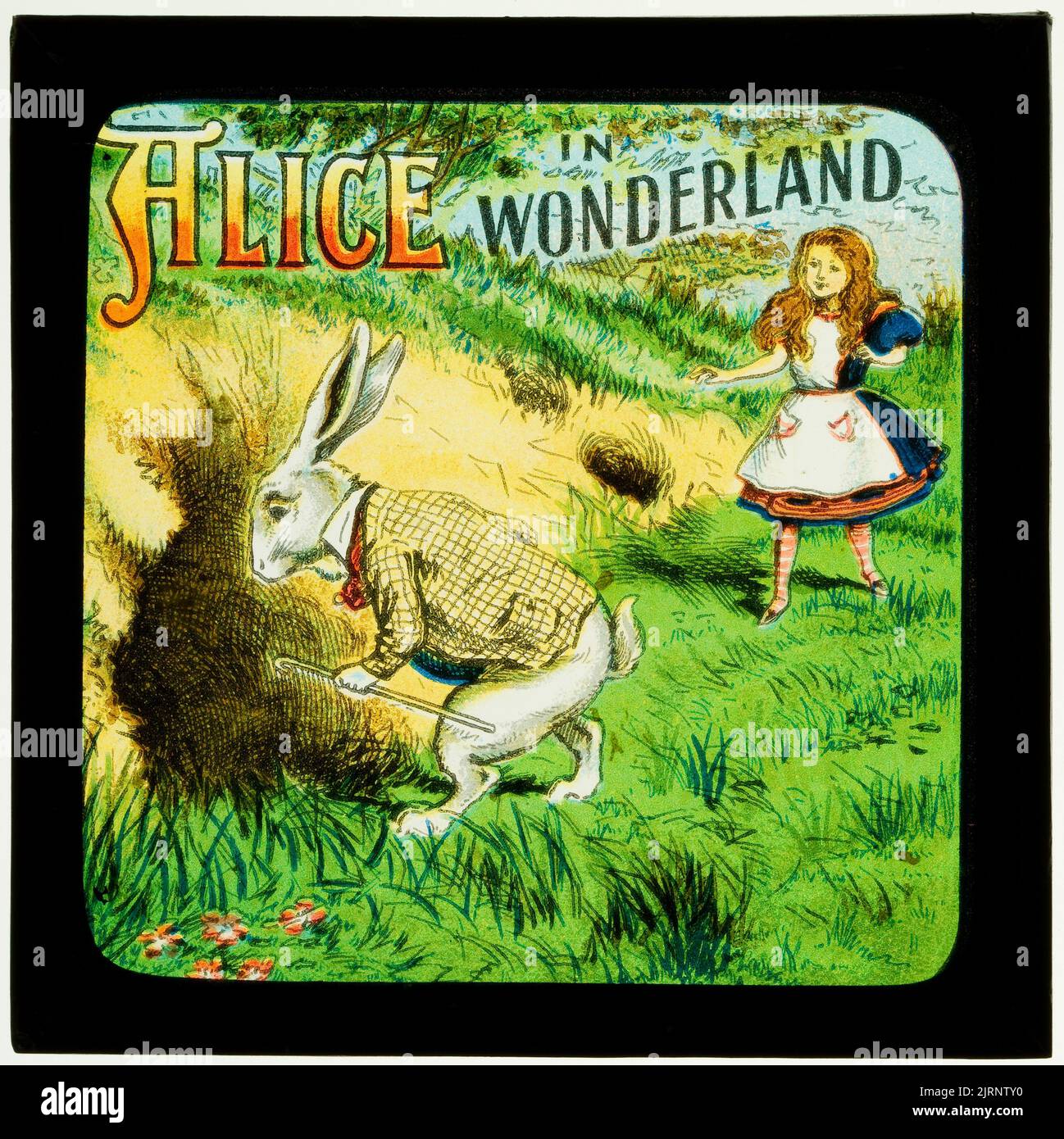 Alice in Wonderland (Part 1), Down the rabbit hole: suddenly a white rabbit, with pink eyes, ran close by her, circa 1900, London, by W. Butcher & Sons, Sir John Tenniel. Stock Photo
