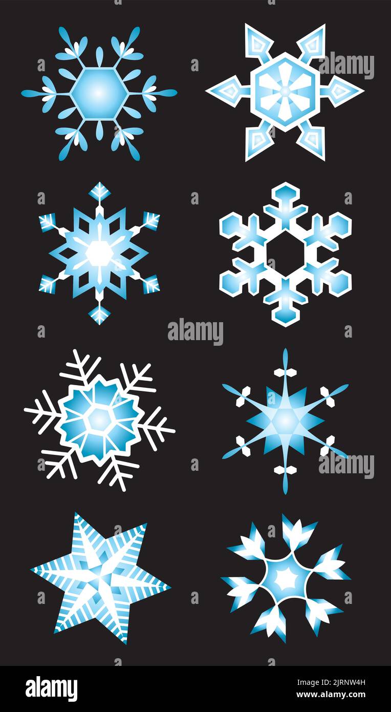 A set of vector graphic illustrated icons of Winter snowflakes. Stock Vector