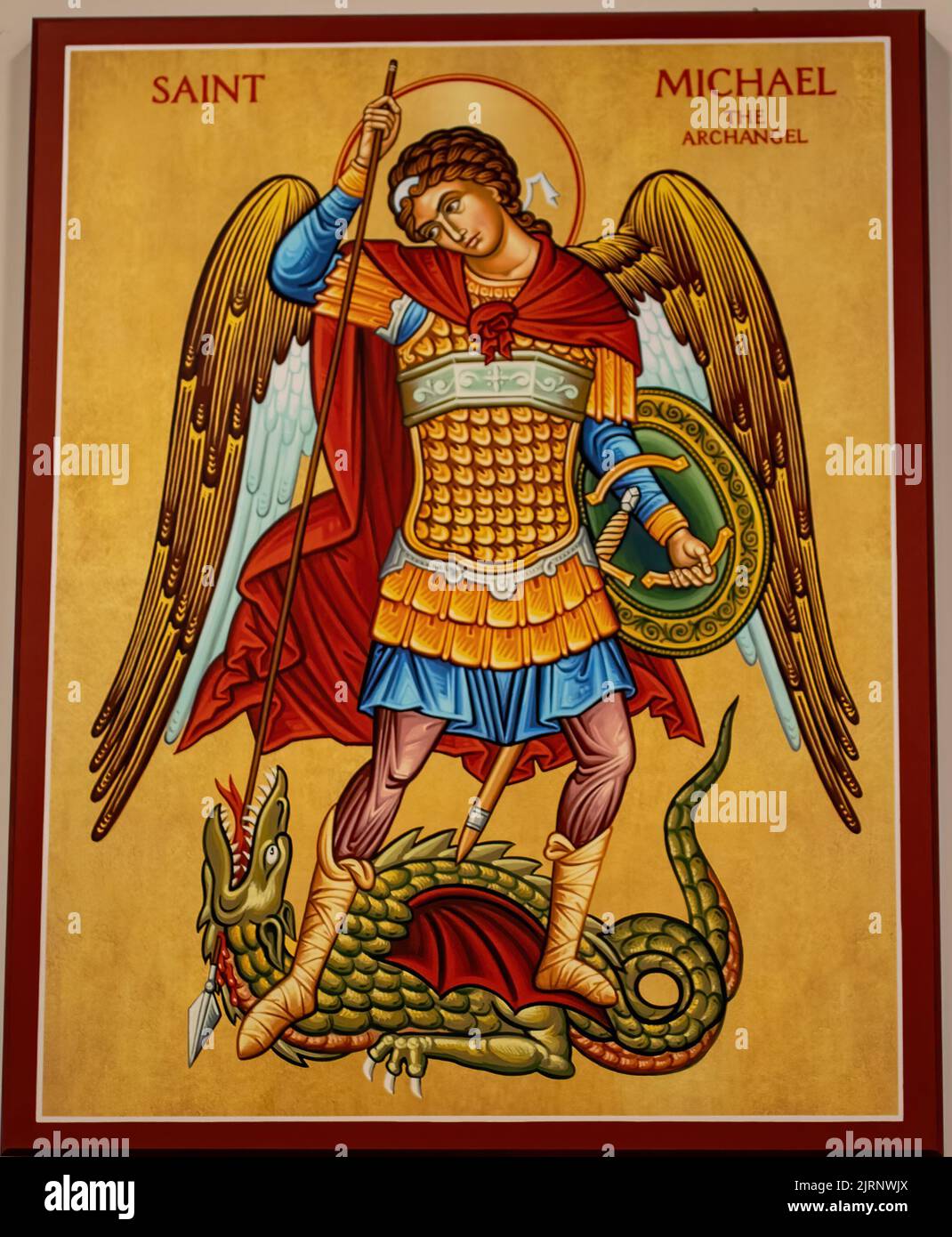 Picture of St. Michael the Archangel defeating the devil. Stock Photo