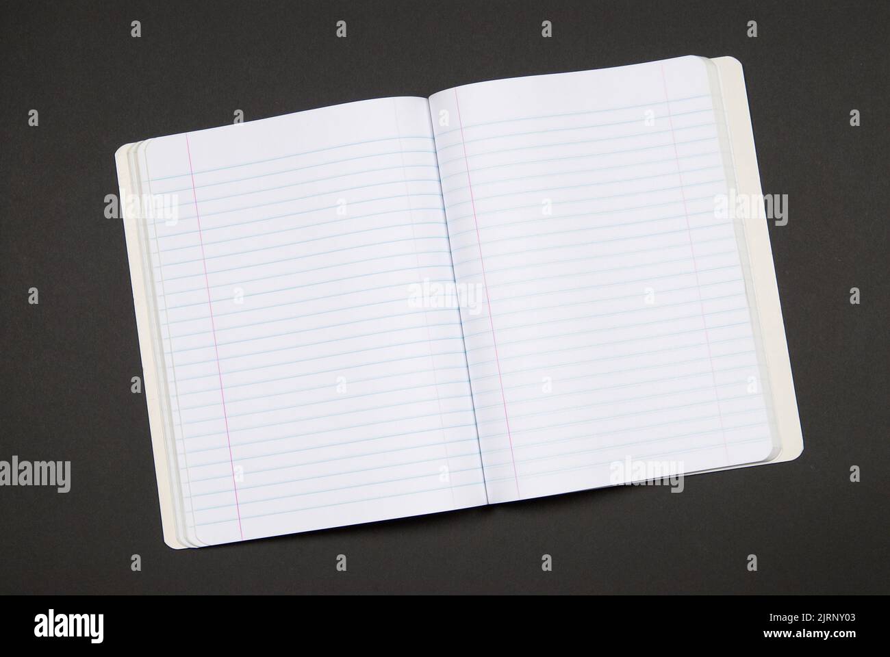 Opened journal book showing plain lined pages. On black for easy isolation Stock Photo