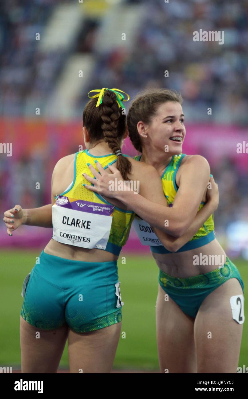 (L to R) Rhiannon CLARKE celebrates winning bronze with Indiana COOPER of Australia  in the Women's T37 / T38 100m - Final at the 2022 Commonwealth games in Birmingham. Stock Photo