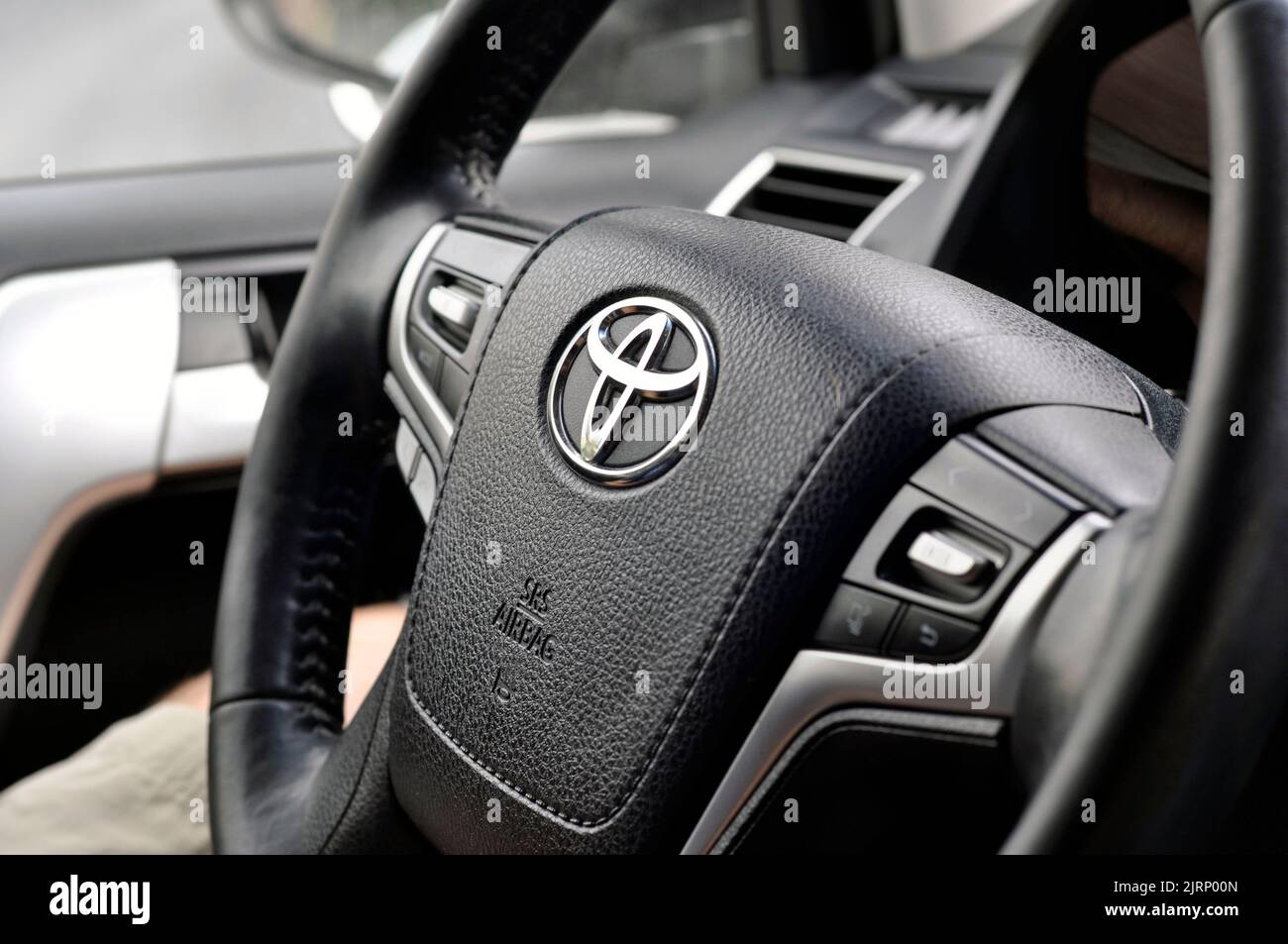 Moscow / Russia - August 21, 2022: Toyota Land Cruiser Prado steering wheel, luxury car. Stock Photo