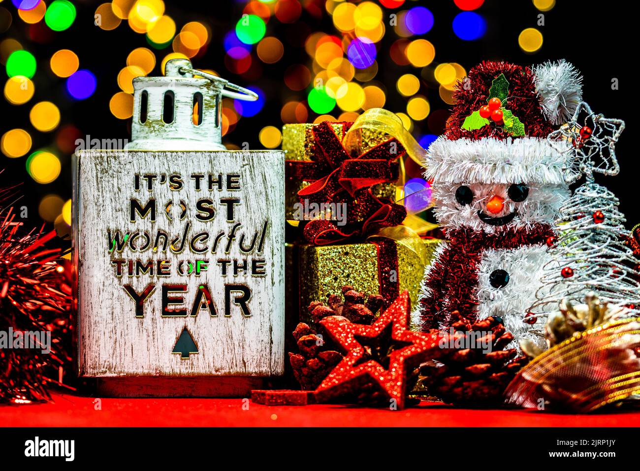 The Christmas decorations and ornaments on a blurred lights background ...