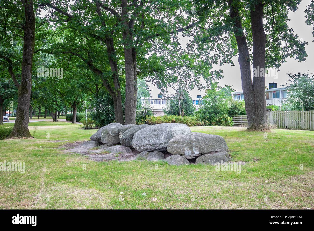 Dolmen D47, Haselackers municipality of Emmen in the Dutch province of Drenthe is a Neolithic Tomb and protected historical monument in an urban envir Stock Photo
