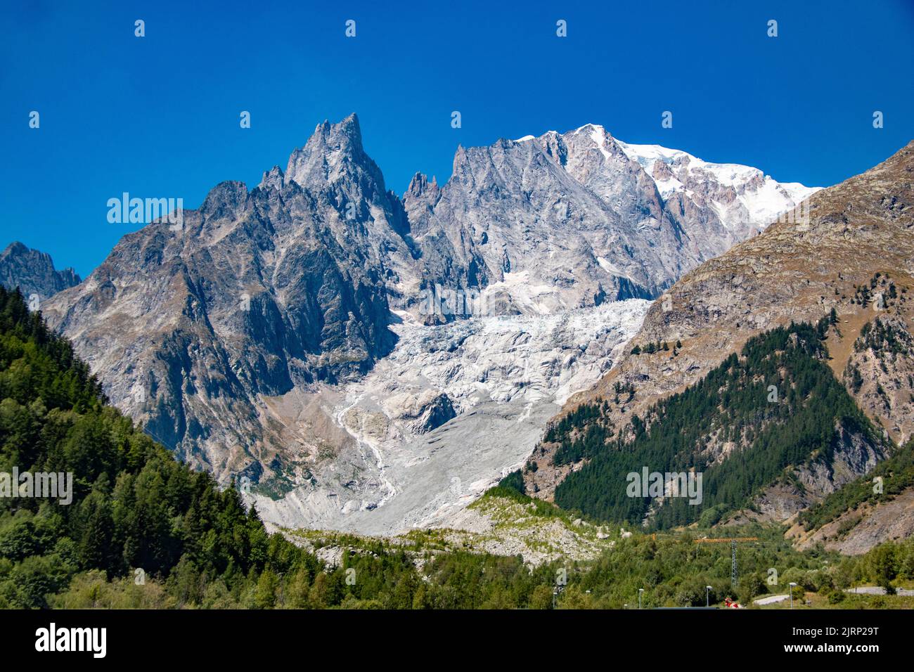 Snowy landscape in Summer of Monte Bianco (Mont Blanc) & Brenva Glacier from the Aosta Valley, Italy Stock Photo