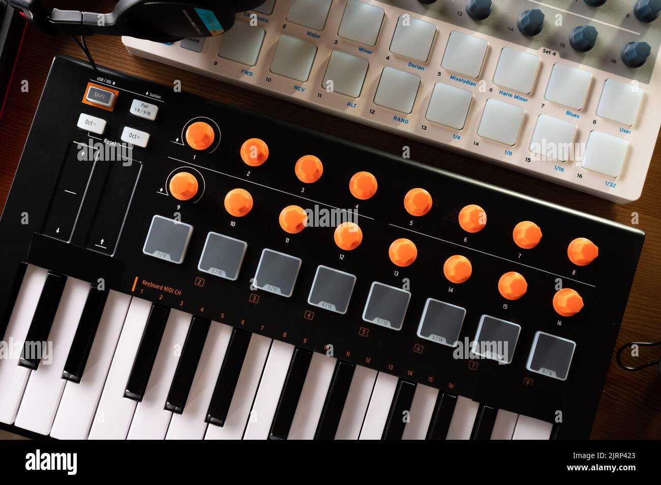 Closeup. Electronic musical instrument midi keyboard. Modern