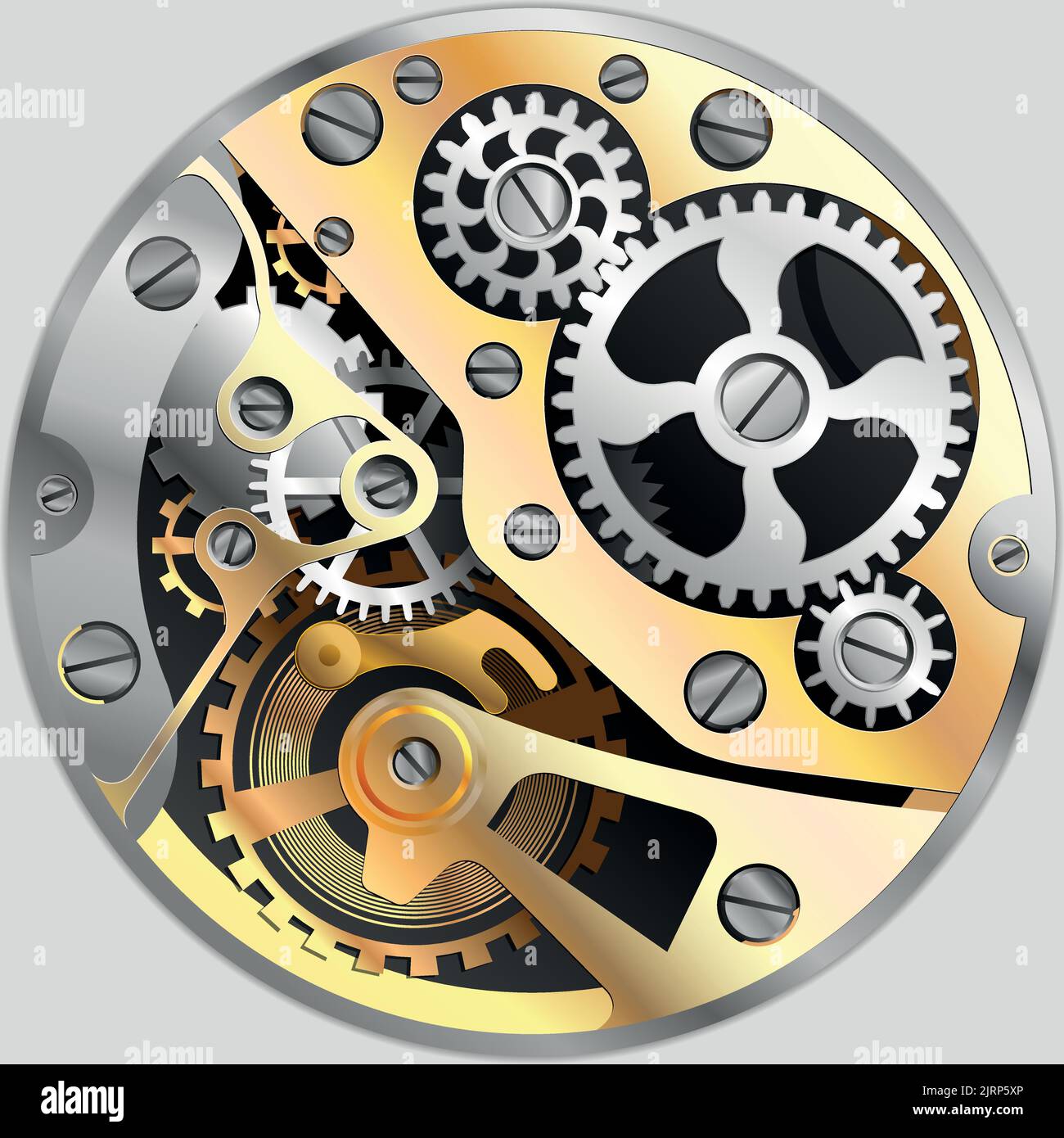 Drawing of an internal metal mechanism of a round mechanical watch. Vector image Stock Vector
