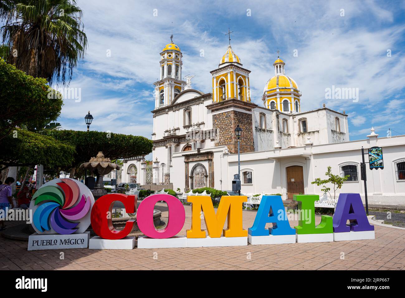 Giant Comala letters and pueblo magico logo, in the magical town of Comala in Colima, Mexico. “White Town” Stock Photo