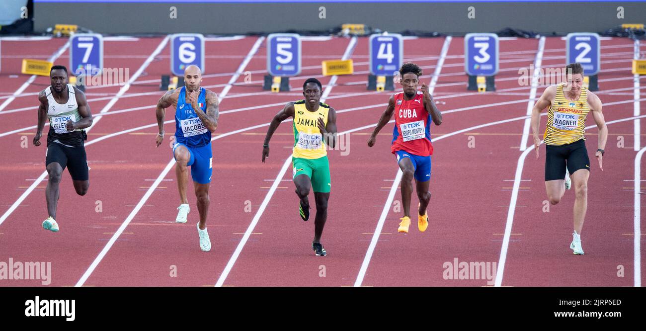 Dorian Keletela, Lamont Marcell Jacobs, Oblique Seville, Shainer Rengifo Montoya and Julian Wagner competing in the men’s 100m heats at the World Athl Stock Photo