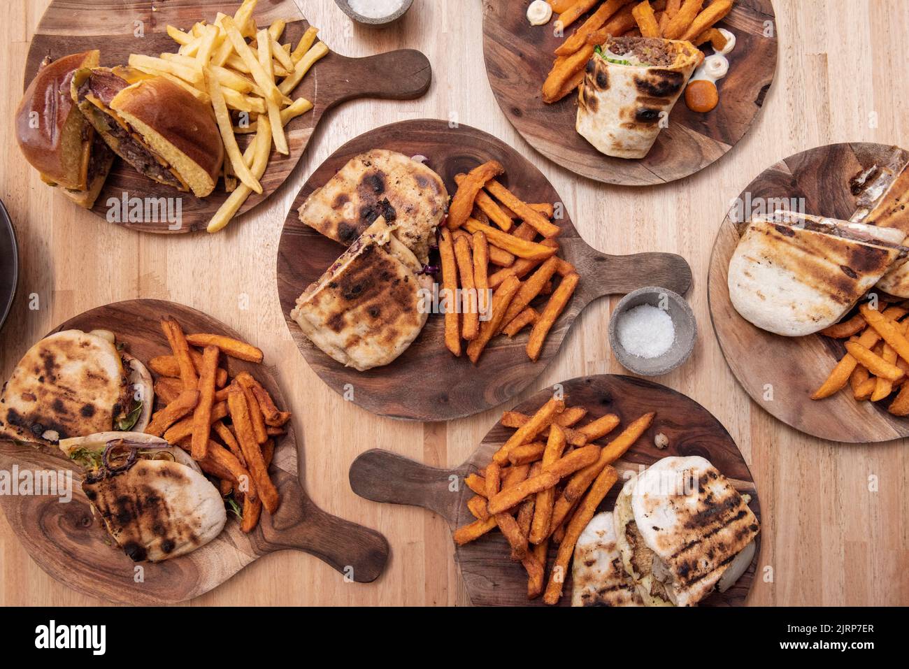 Lots of Spanish sandwiches with assorted fillings, brioche bun burgers