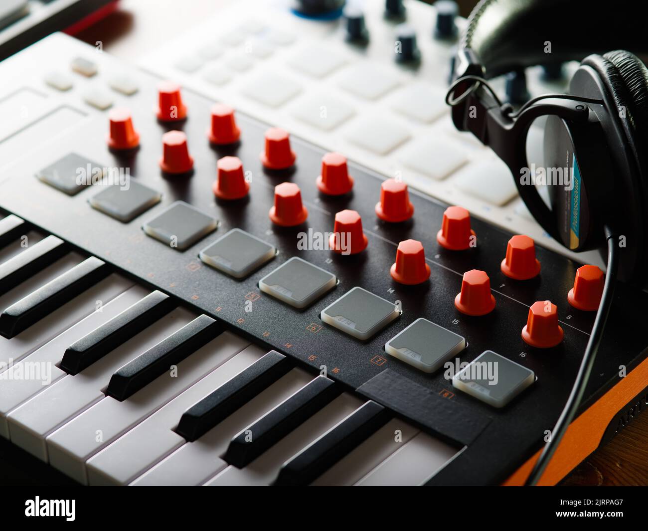 Closeup. MIDI keyboard. New modern technologies, electronics