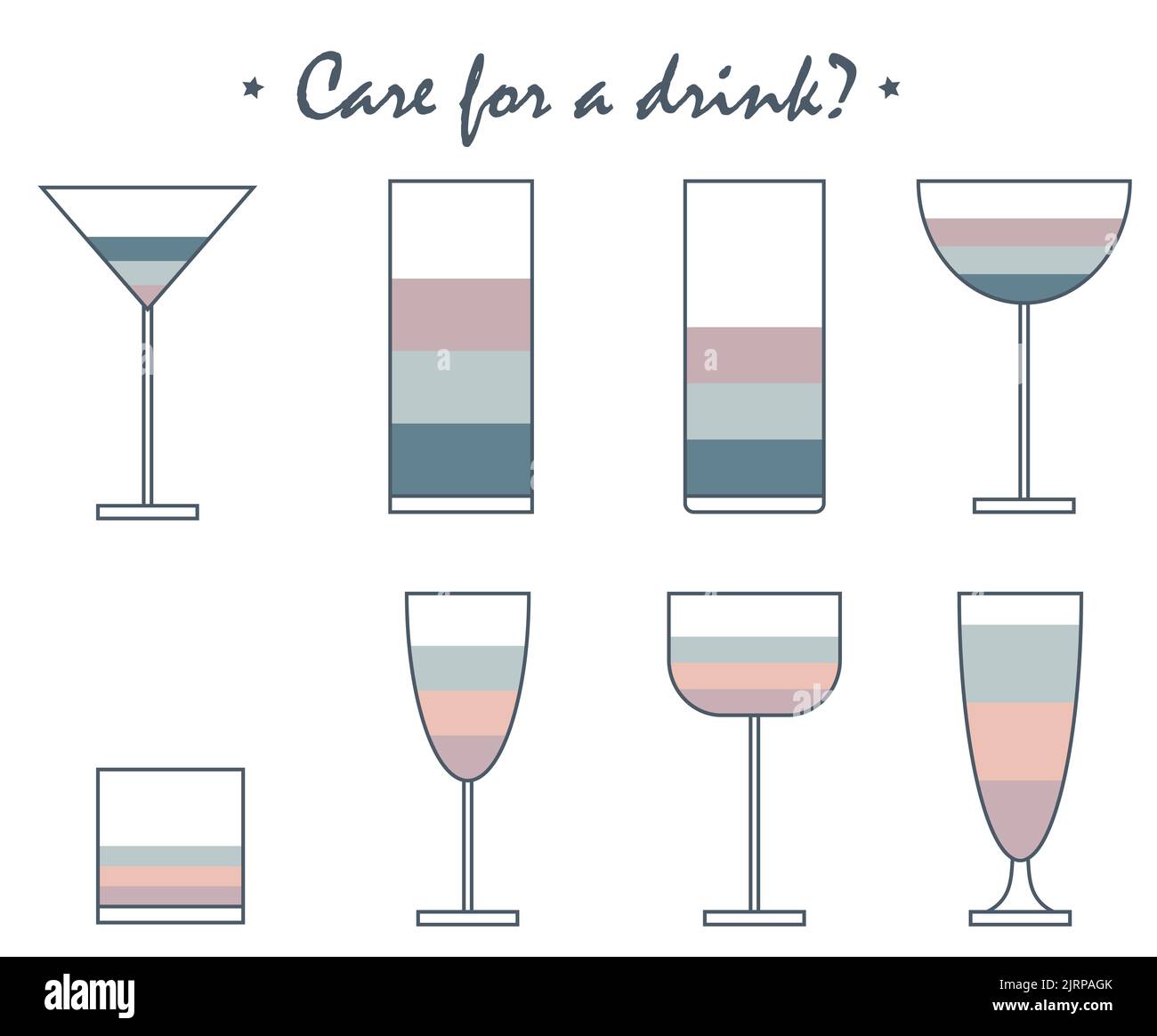 Set of cocktail glasses icons on white background, isolated vector