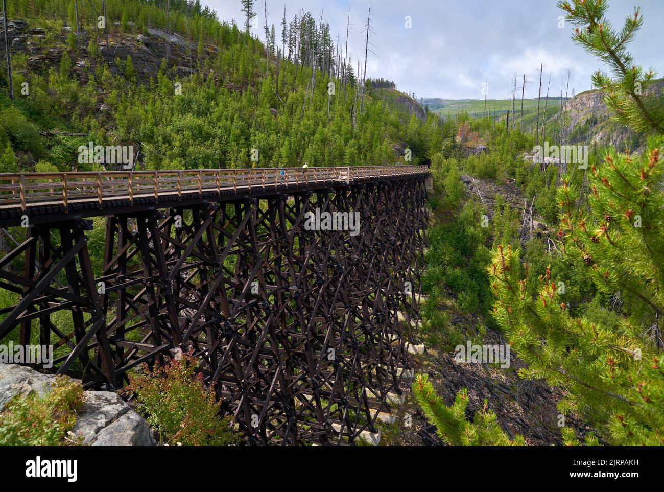 Cyclists on Myra Canyon Trestle 7 Kelowna. Cyclists cross the Historic railroad trestles used for biking and hiking surround Myra Canyon located in My Stock Photo