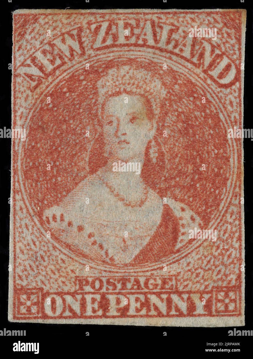 Issued one penny 'Full-Face Queen' [Chalon Head] definitive stamp, 1862, New Zealand, by John Davies, William Humphrys. The New Zealand Post Museum Collection, Gift of New Zealand Post Ltd., 1992. Stock Photo