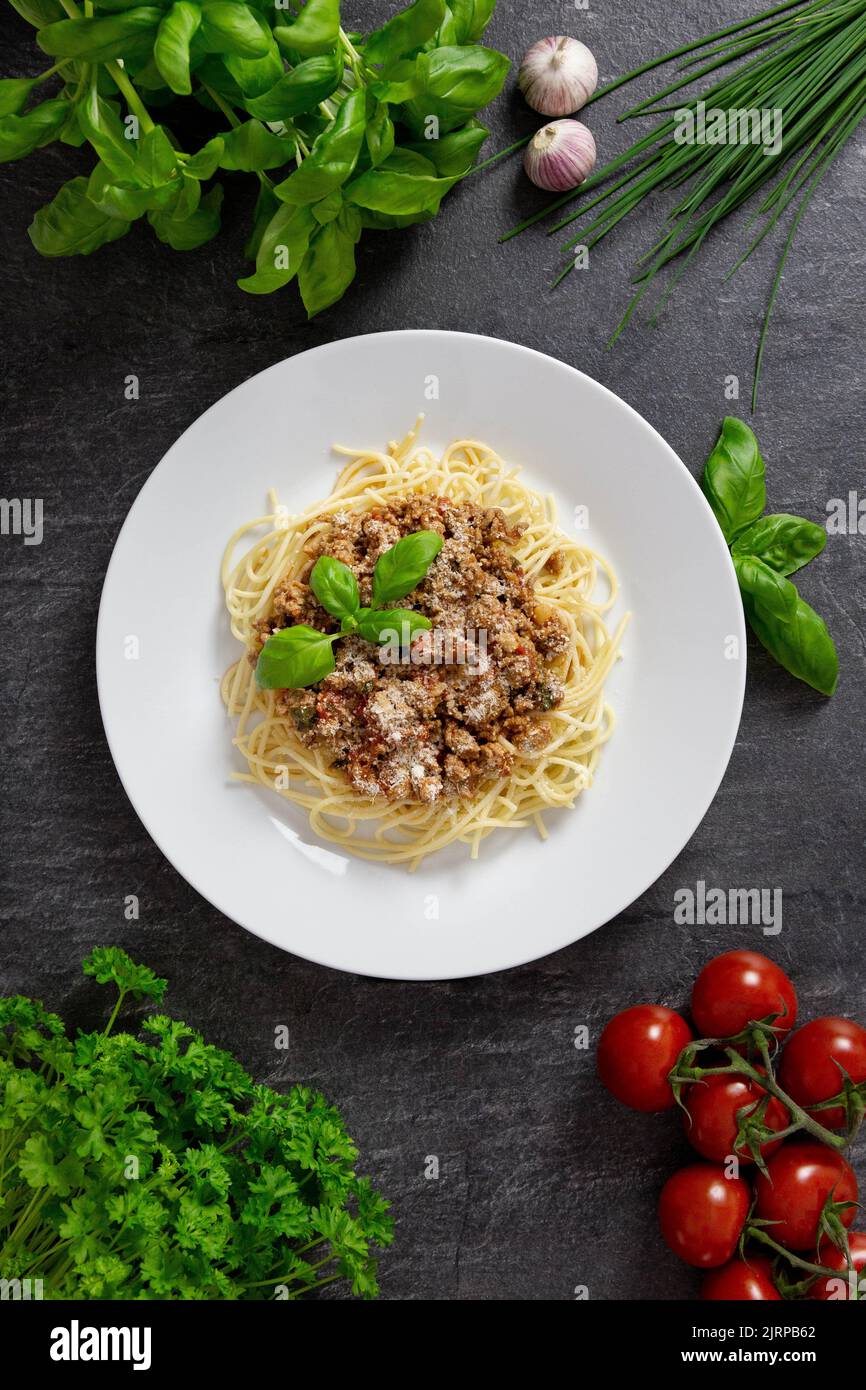 Traditional italian spaghetti bolognese with mince meat, tomato sauce