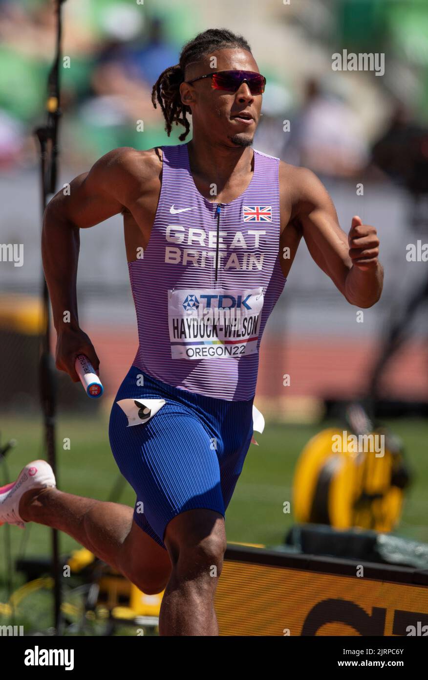 Alex Haydock-Wilson of GB&NI competing in the mixed 4x100m relay heats at the World Athletics Championships, Hayward Field, Eugene, Oregon USA on the Stock Photo