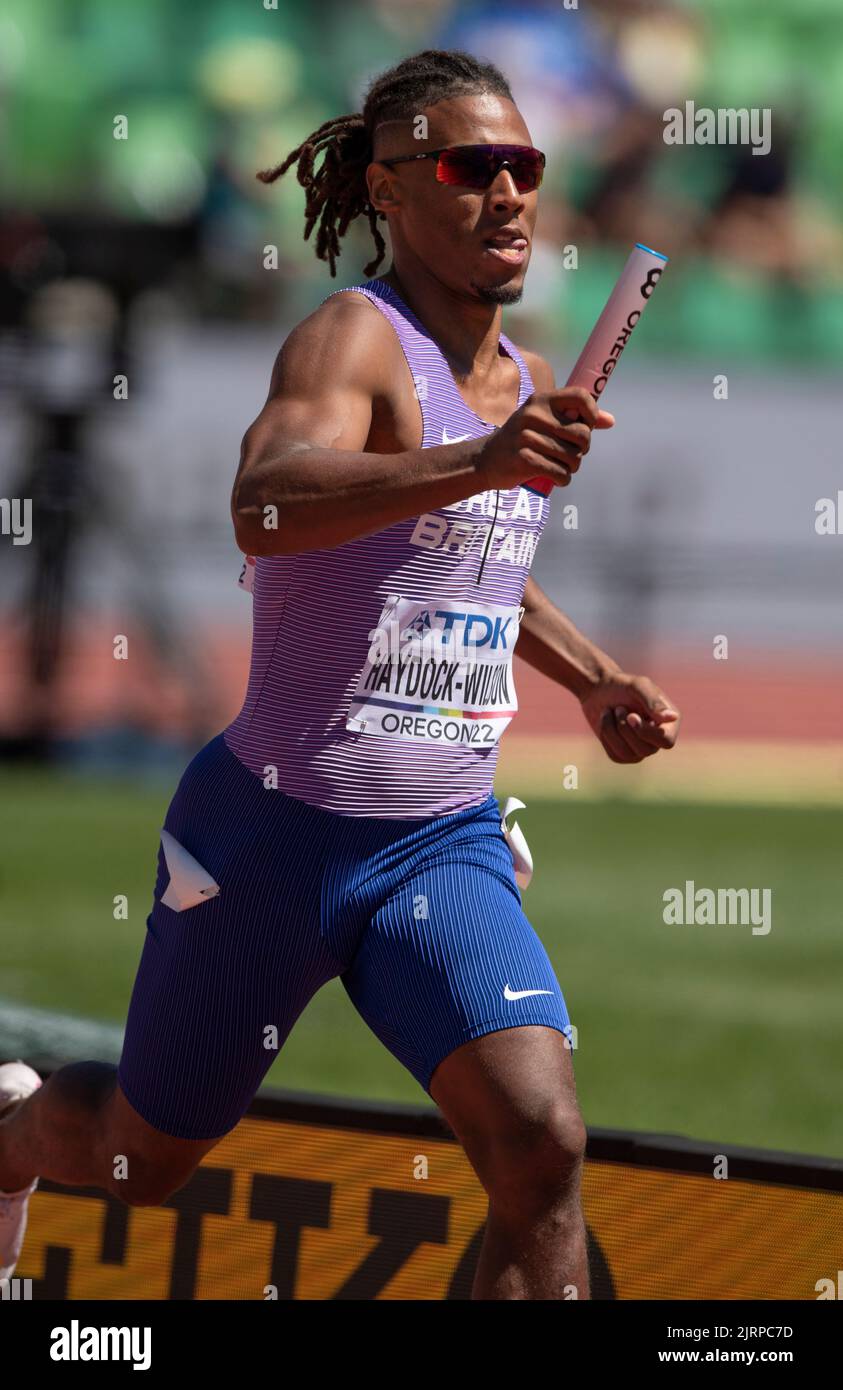 Alex Haydock-Wilson of GB&NI competing in the mixed 4x100m relay heats at the World Athletics Championships, Hayward Field, Eugene, Oregon USA on the Stock Photo