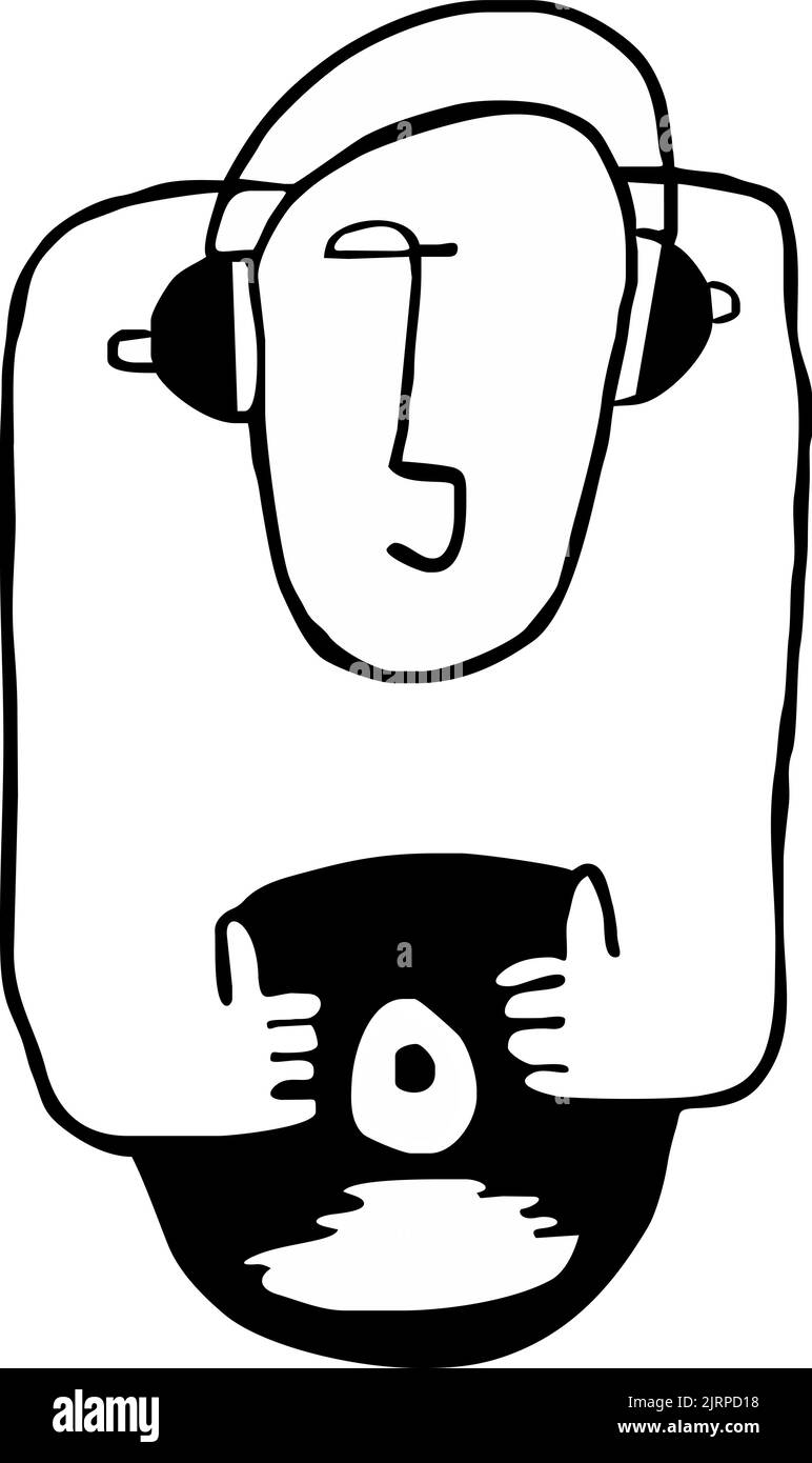 Cartoon funny DJ illustration. Cartoon funny DJ illustration with LP and headphone black on white line Stock Vector