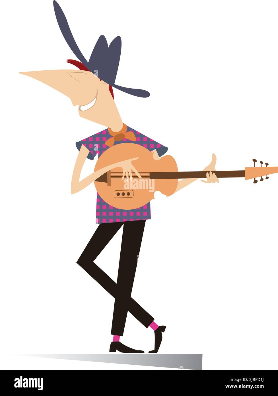 Funny young man playing guitar isolated. Funny man in the cowboy hat is playing guitar Stock Vector