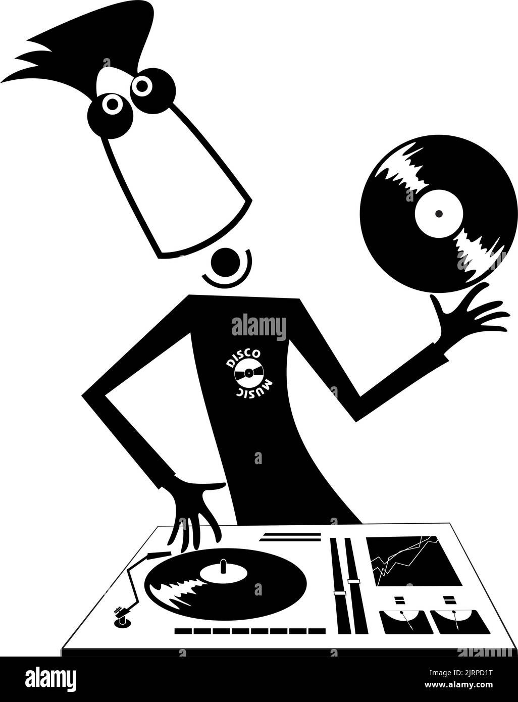 Cartoon funny DJ illustration. Smiling DJ performing music on the control panel black on white illustration Stock Vector