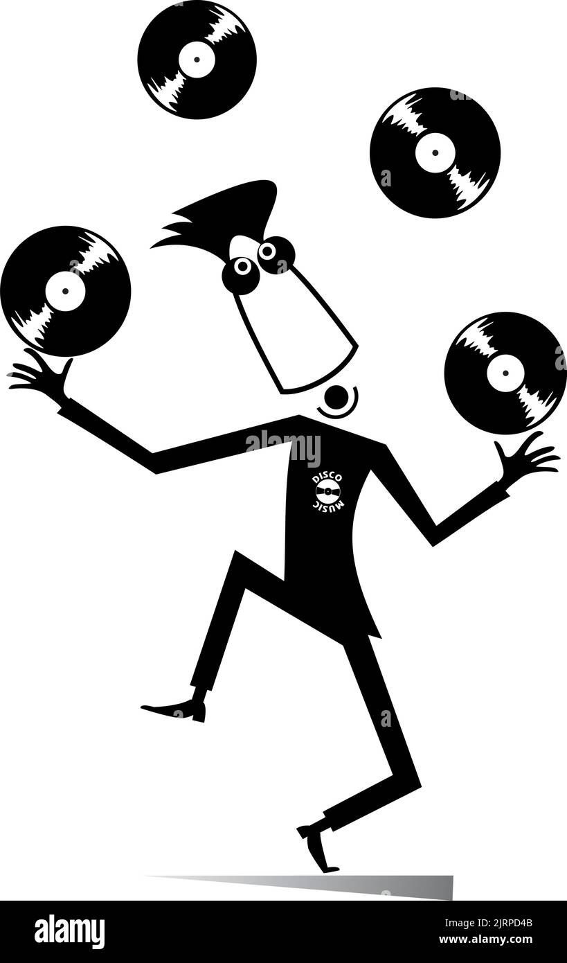 Cartoon funny DJ or music lover illustration. Smiling man throws up records black on white illustration Stock Vector