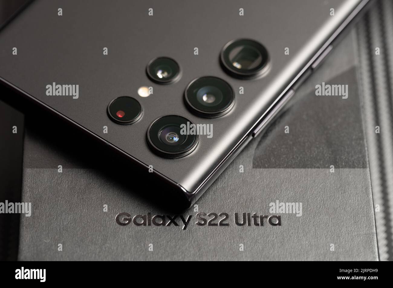 New york, USA - august 23, 2022: Set of new cameras on Samsung S22 Ultra smartphone close up view Stock Photo