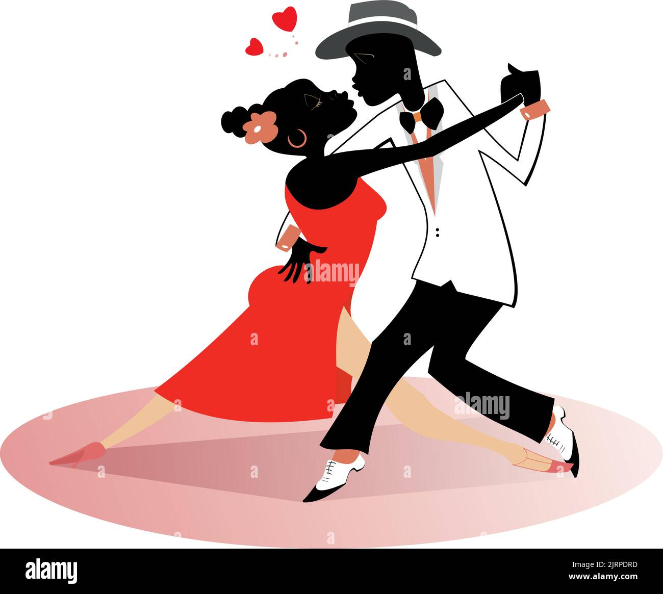 Romantic dancing young African couple isolated illustration. Funny dancing young African man and woman and heart symbols isolated on white Stock Vector