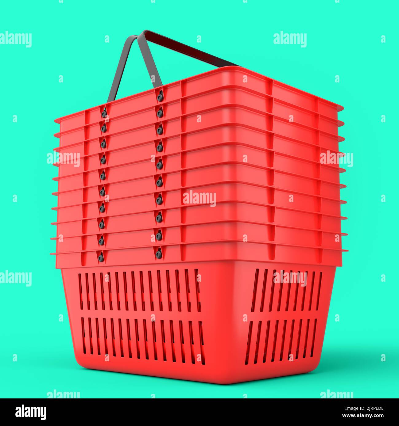 Stack of plastic shopping basket from supermarket on green background