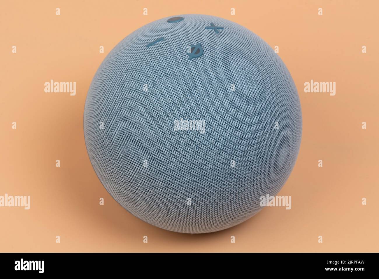 New york, USA - july 12, 2022: Amazon Alexa echo dot speaker with buttons close up view Stock Photo