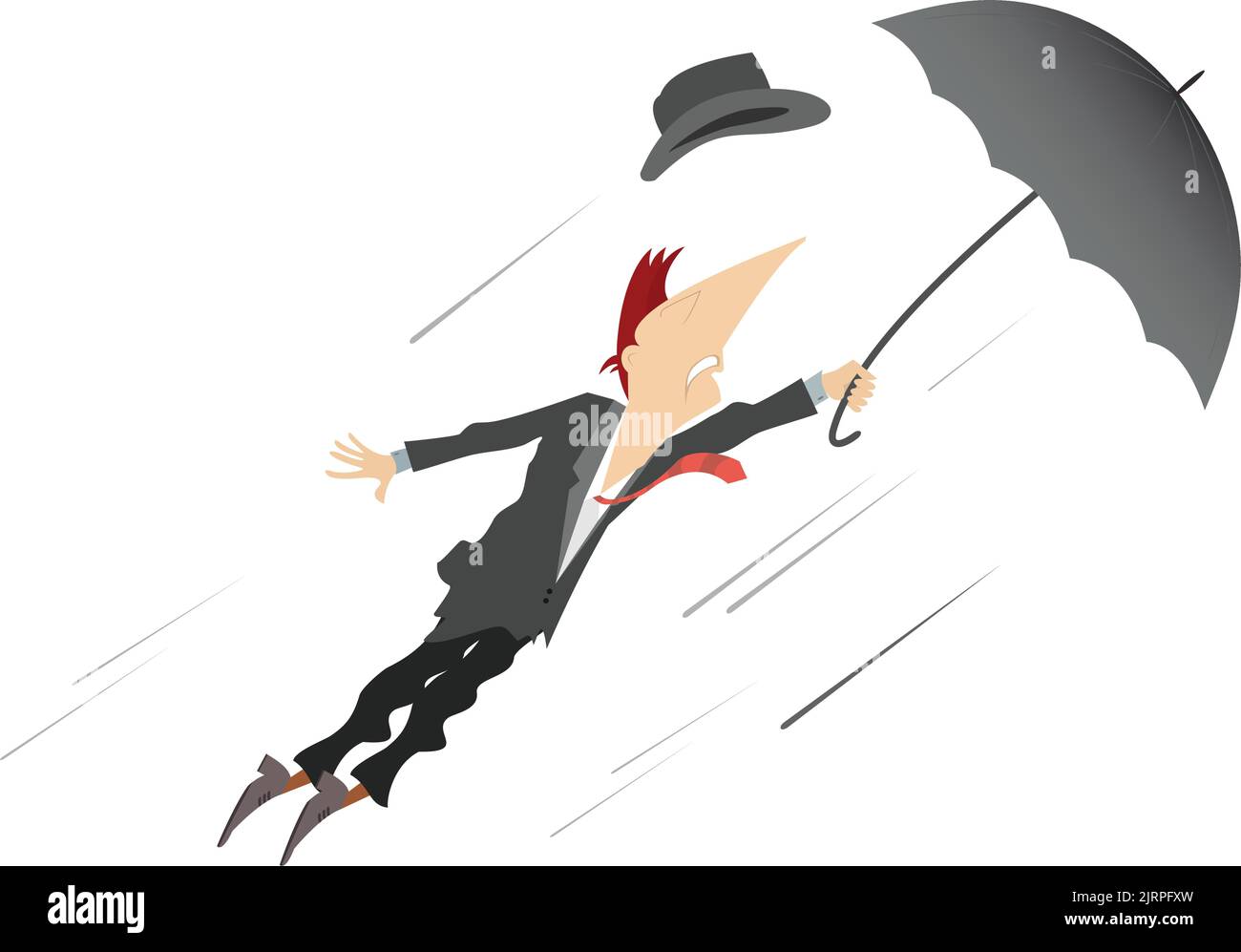 Windy day and man flies with umbrella illustration. Man with an umbrella gone with the wind